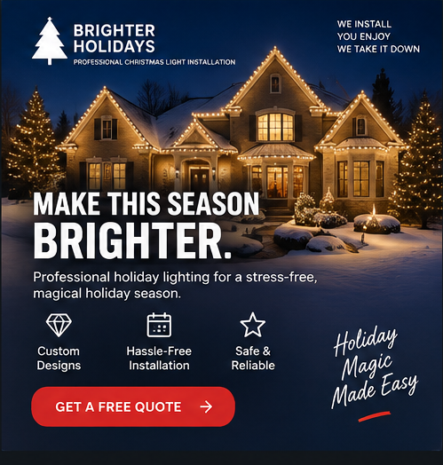 Sample static ad creative for Brighter Holidays, headlined “Make this season brighter”, with a house under holiday lighting.