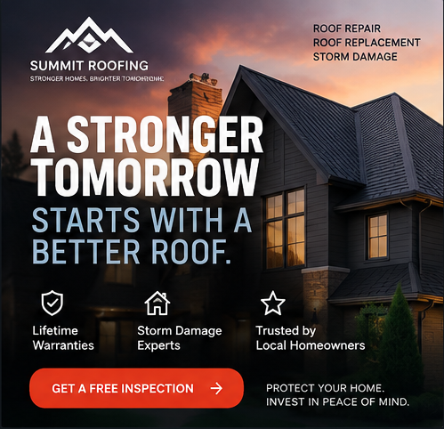 Sample static ad creative for Summit Roofing, headlined “A stronger tomorrow starts with a better roof”, with a house at sunset.