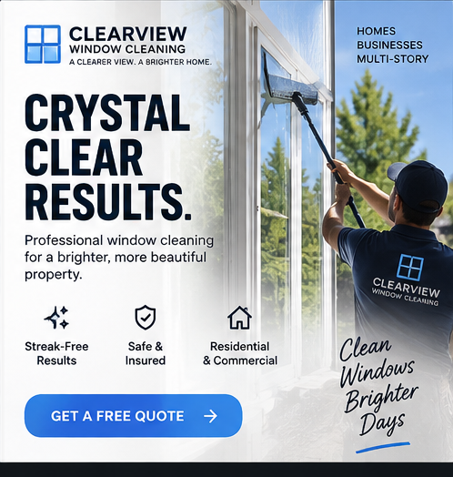 Sample static ad creative for Clearview Window Cleaning, headlined “Crystal clear results”, with a technician cleaning a window.